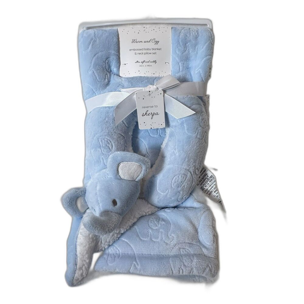 Warm & Cozy Blue Embossed Baby Blanket & Elephant Neck Pillow Set Ultra Soft